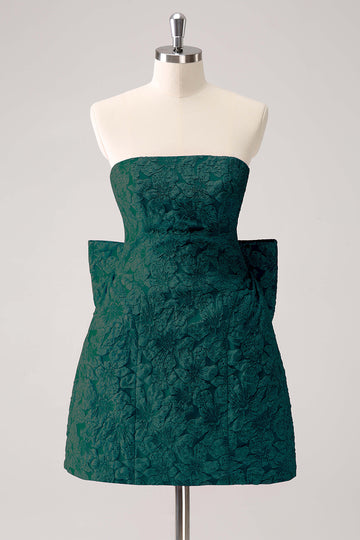 Dark Green A Line Floral Strapless Mini Homecoming Dress With Bow